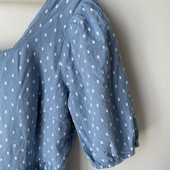 Ann Taylor LOFT Swiss Clip Dot Tie Back Flounce Swing Mini Dress Chambray Sz 12 - Picture 4 of 11